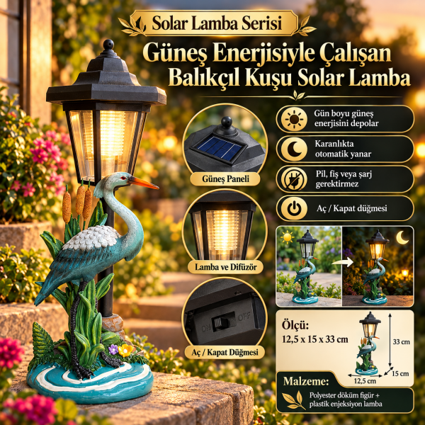 Balıkçıl Kuşu Solar Lamba Güneş Enerjili Bahçe Aydınlatması Dekoratif Led Lamba 33 cm Gece Lambası