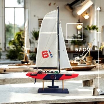 Quero Yelkenli Gemi Maketi 57 cm Kırmızı Mavi Yarış Teknesi Dekoratif Denizcilik Hediye Racing Boat