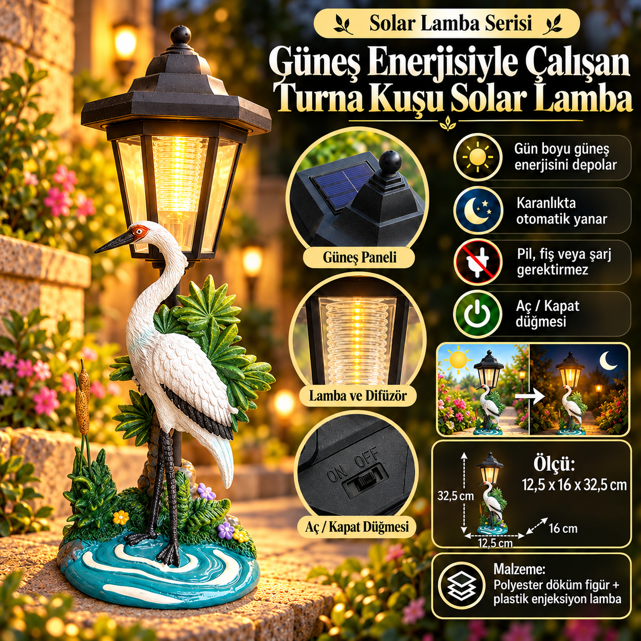 Turna Kuşu Solar Lamba Güneş Enerjili Bahçe Aydınlatması Dekoratif Led Lamba 32.5 cm Gece Lambası