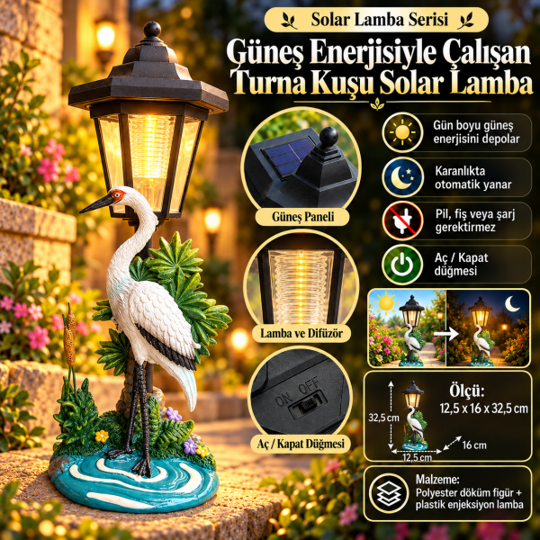 Turna Kuşu Solar Lamba Güneş Enerjili Bahçe Aydınlatması Dekoratif Led Lamba 32.5 cm Gece Lambası