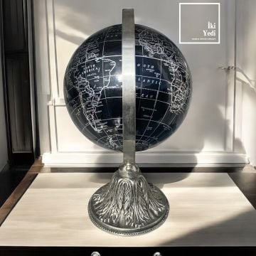 Alaska Döküm Metal Ayaklı Dünya Küresi, Siyah Krom Gri Yerküre, Lüks Ofis Hediyesi Aksesuar