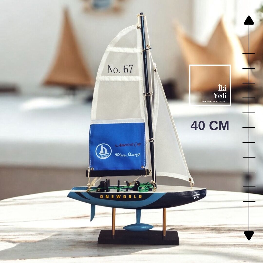 Quero Yelkenli Gemi Maketi 40 cm Küçük Yarış Teknesi Mavi Beyaz Dekoratif Deniz Racing Boat Hediye