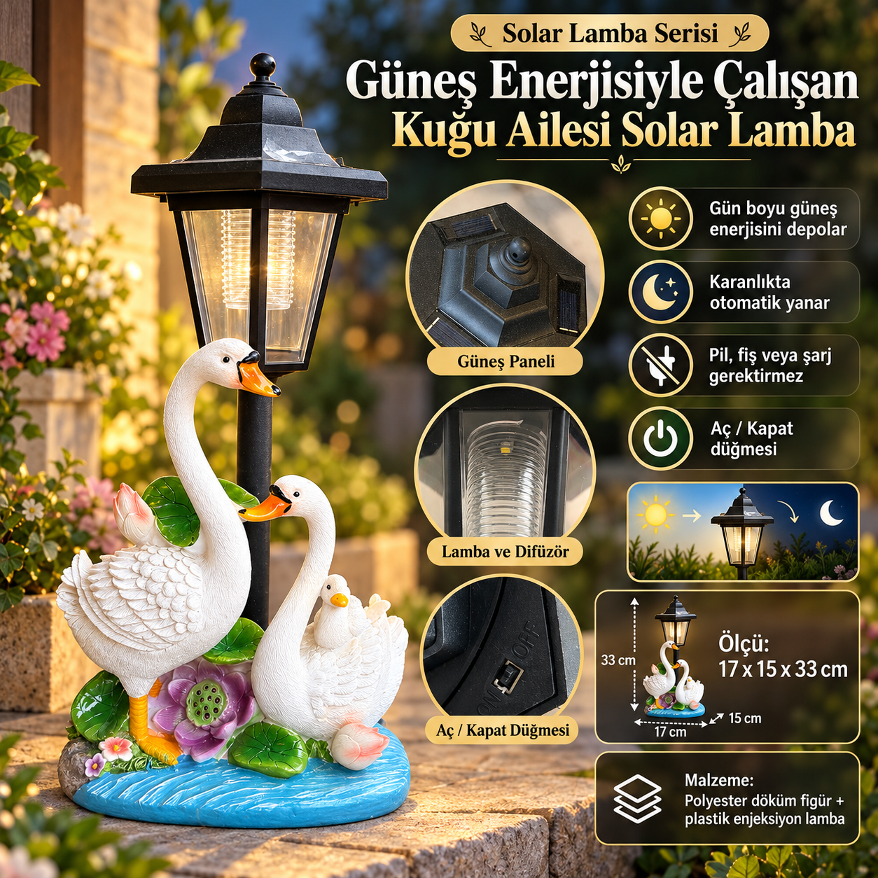Kuğu Ailesi Solar Lamba Güneş Enerjili Bahçe Aydınlatması Dekoratif Led Lamba 33 cm Gece Lambası