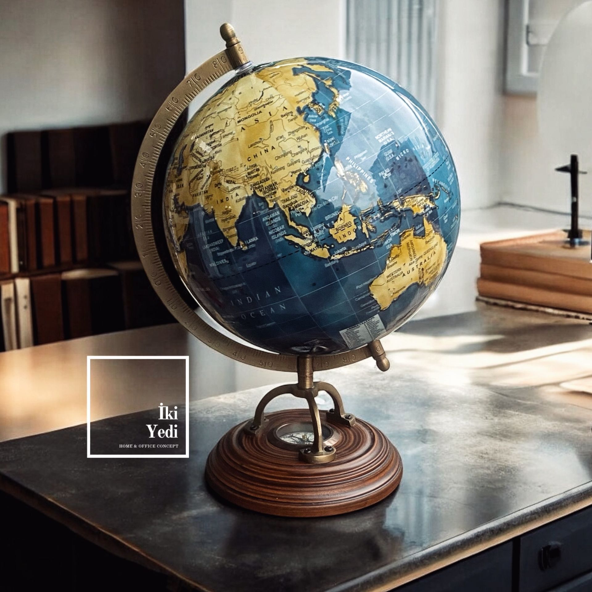 Faulkner Ahşap Ayaklı Dünya Küresi, Pusulalı Mavi Lacivert Yerküre, Ofis Ev Dekoratif Hediyelik