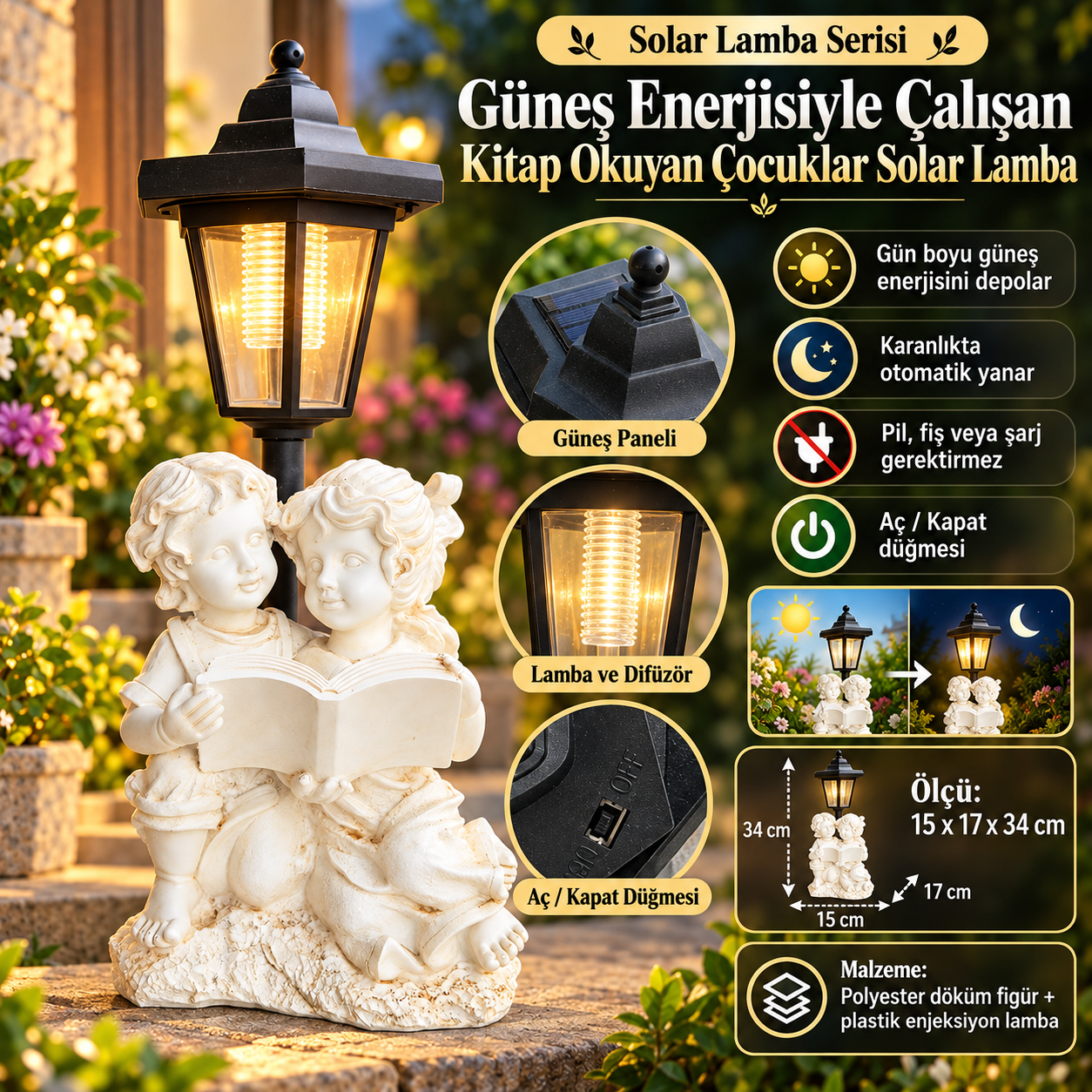 Kitap Okuyan Çocuklar Solar Lamba Güneş Enerjili Bahçe Aydınlatma Dekoratif Led Lamba Gece Lambası