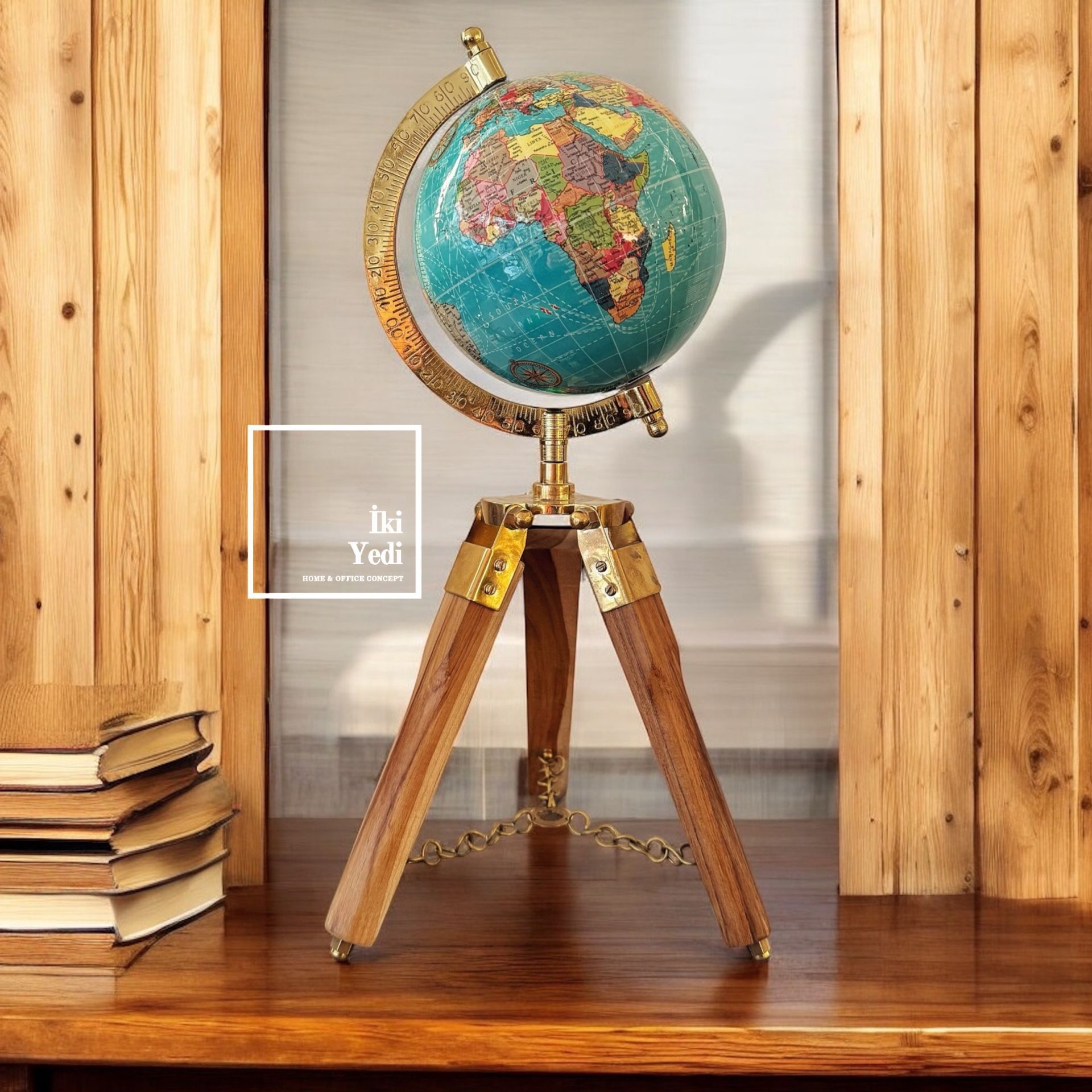 Estoril Ahşap Tripod Ayaklı Mavi Dünya Küresi, Dekoratif Yerküre, Şık Ofis Ev Hediyelik Obje