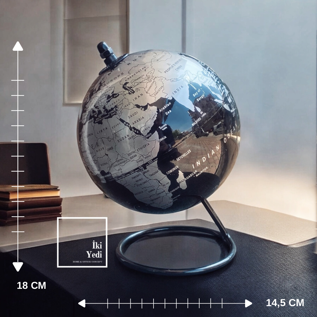 Precio Siyah Metal Standlı Dekoratif Dünya Küresi | Ofis Masası Aksesuarı ve Şık Hediyelik