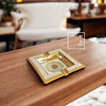 Tominay 77-1 Altın Desenli Seramik Küllük Kare Model Lüks Masa Üstü Küllük Dekoratif Obje Hediyelik