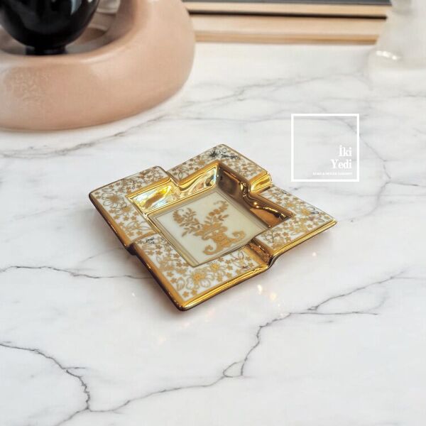 Tominay 77-2 Asimetrik Kare Seramik Kül Tablası Çiçek Desenli Klasik Küllük Şık Masa Üstü Aksesuar