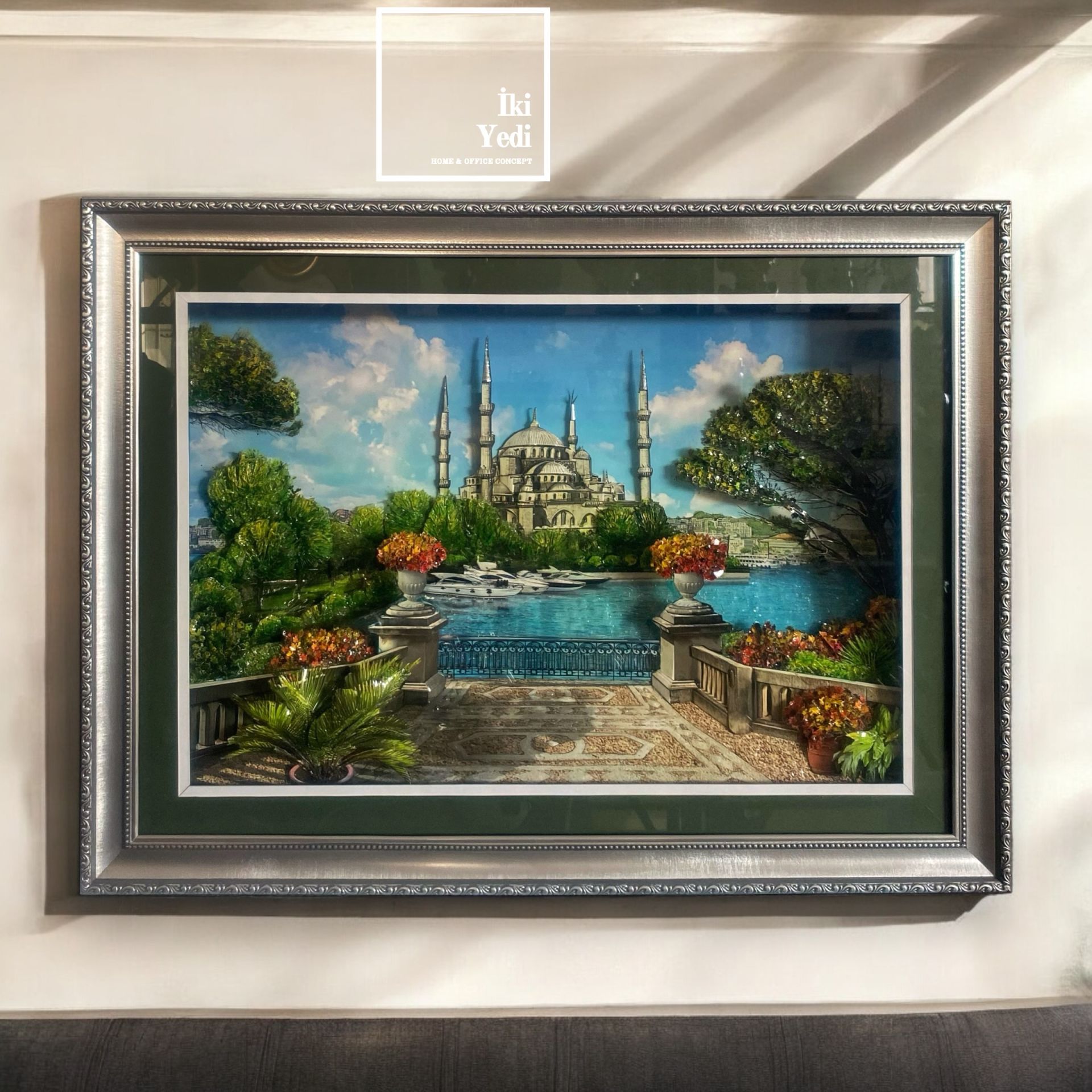 Sultanahmet Camii 3D Kağıt Rölyef Tablo – 80x60 cm Gri Varaklı Çerçeve, Lüks Duvar Dekorasyonu