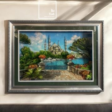 Sultanahmet Camii 3D Kağıt Rölyef Tablo – 80x60 cm Gri Varaklı Çerçeve, Lüks Duvar Dekorasyonu