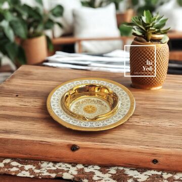 Tominay 77-3 Yuvarlak Gold Lüks seramik Küllü, Vintage Çiçek Desenli Kültablası Şık Dekoratif Obje