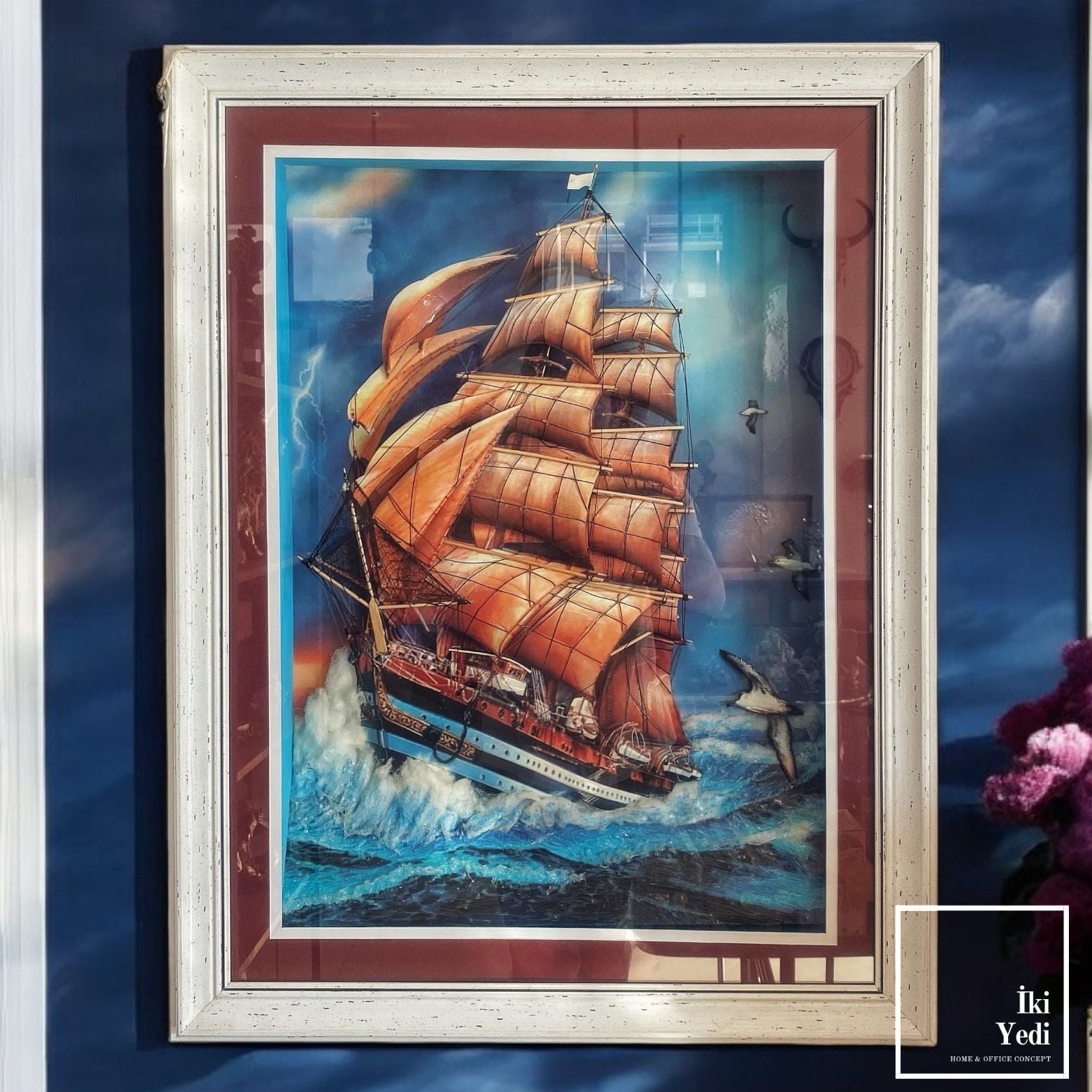 Denizcilik Temalı Yelkenli Gemi 3D Kağıt Rölyef Tablo 63x82 cm – Çerçeveli Lüks Duvar Dekorasyonu