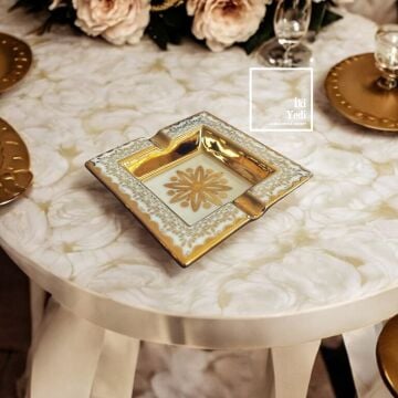 Tominay 77-4 Kare Kül Tablası Barok Desenli Altın Yaldızlı Seramik Küllük Dekoratif Hediyelik Obje