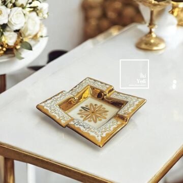 Tominay 77-5 Kare Gold Seramik Küllük Güneş Motifli Dekoratif Kültablası Vintage Ev Ofis Hediyesi