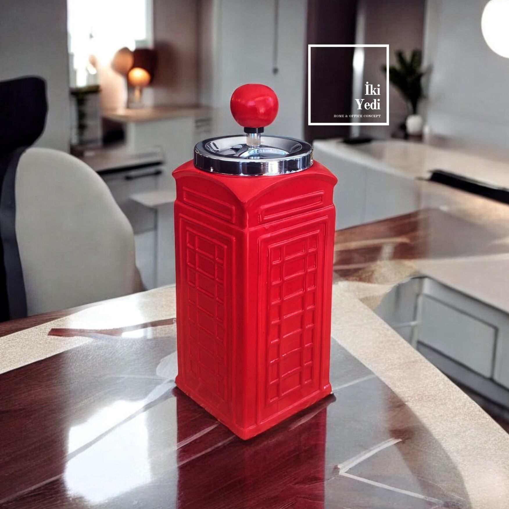 Redmoke Kırmızı İngiliz Telefon Kulübesi Tasarımlı Küllük Basmalı Kültablası Dekoratif Obje Retro