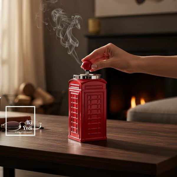 Redmoke Kırmızı İngiliz Telefon Kulübesi Tasarımlı Küllük Basmalı Kültablası Dekoratif Obje Retro