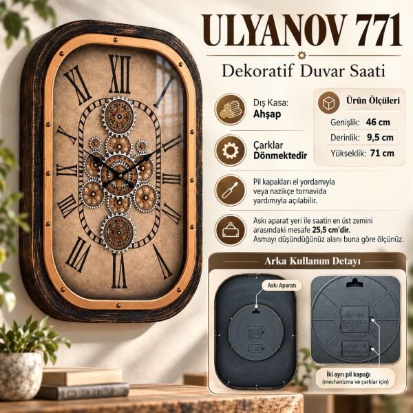 Ulyanov 771 Döner Çarklı Ahşap Oval Duvar Saati Eskitme Siyah Roma Rakamlı Salon Saati 71 cm Hediye