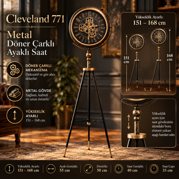 Cleveland 771 Metal Döner Çarklı Ayaklı Saat Yükseklik Ayarlı Tripod Salon Lambader Saat Ofis Ev