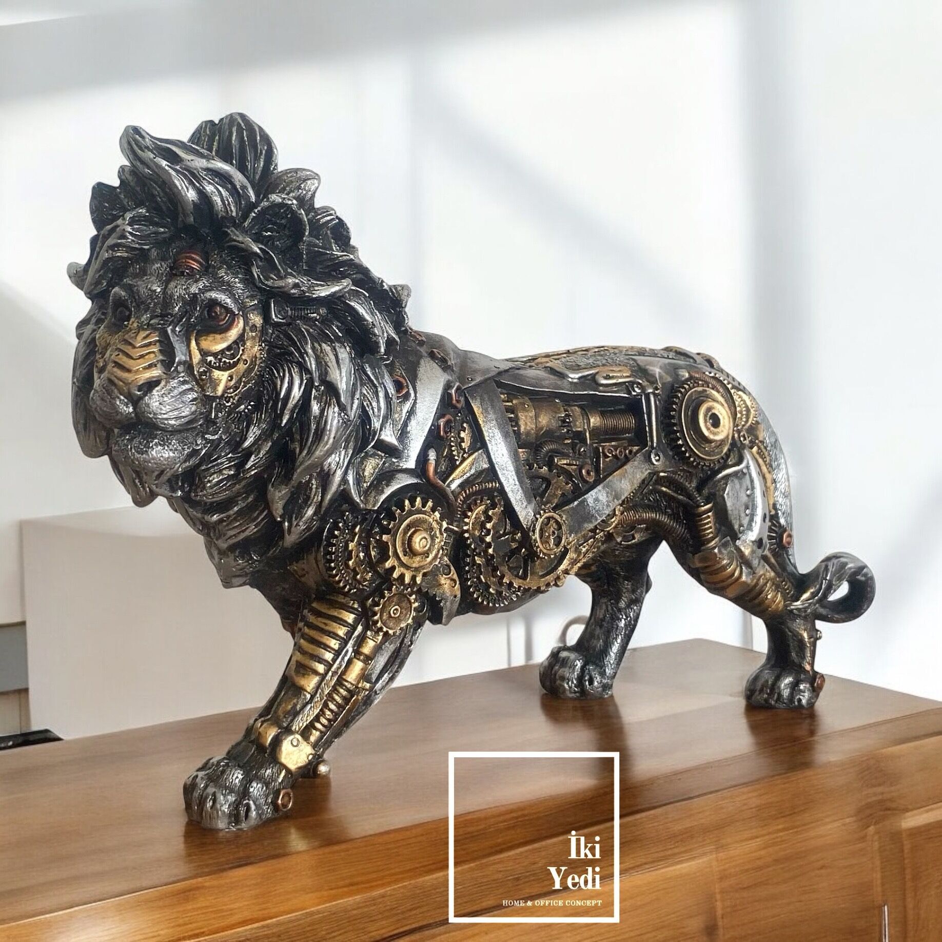 Steampunk Aslan Heykeli Dişli Mekanizma Figürlü Dekoratif Obje Ev Ofis Aksesuarı Ofis Hediyesi Lion