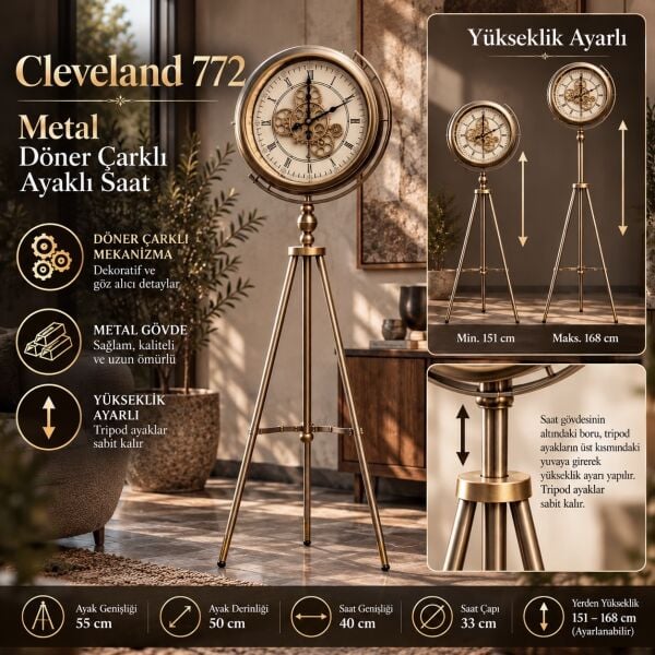 Cleveland 772 Metal Döner Çarklı Ayaklı Saat Gold Eskitme Tripod Ayarlı Salon Saati Ofis Hediyesi