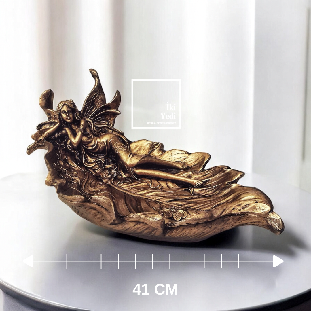 Altın Düşler Perisi Peri Figürlü Dekoratif Kase, 41 cm Masa Üstü Obje Biblo ve Aksesuar Ev Hediyesi