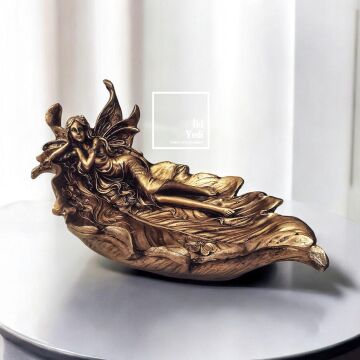Altın Düşler Perisi Peri Figürlü Dekoratif Kase, 41 cm Masa Üstü Obje Biblo ve Aksesuar Ev Hediyesi