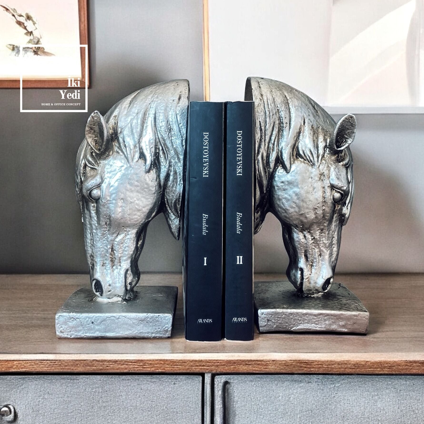 At Başı Figürlü Kitap Tutucu Set 2’li Dekoratif Kitaplık Destek Objesi Ev Ofis Aksesuarı Stoper Gri