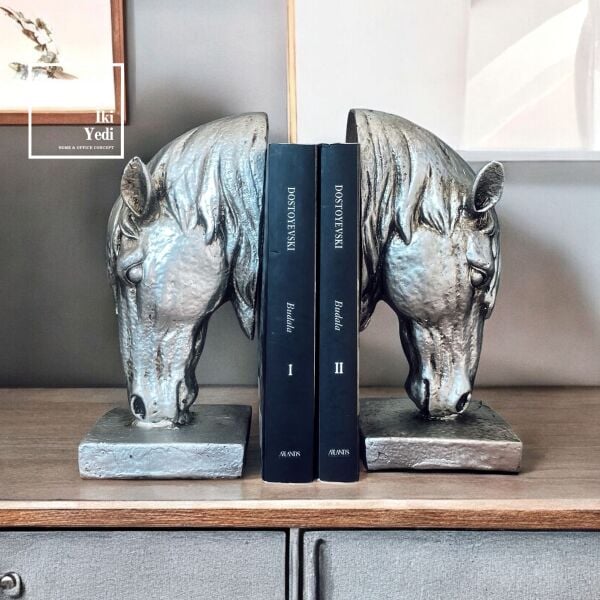 At Başı Figürlü Kitap Tutucu Set 2’li Dekoratif Kitaplık Destek Objesi Ev Ofis Aksesuarı Stoper Gri