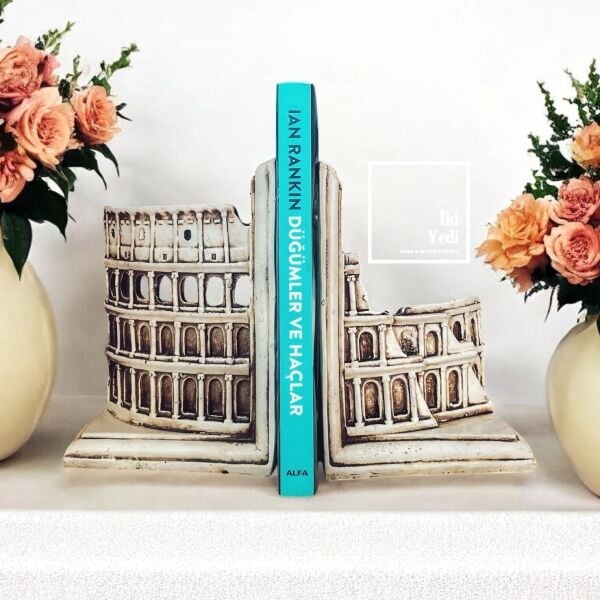 Colosseo Roma Kolezyum Kitap Tutucu Seti, 2’li Dekoratif Kitaplık Destek Objesi Ev Ofis Aksesuarı