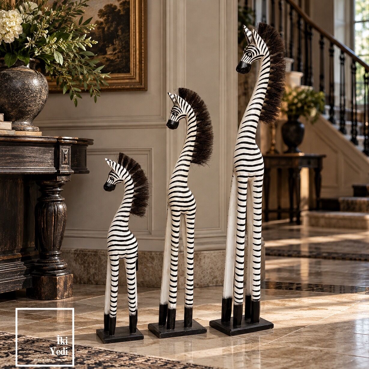 Rory Ahşap El Oyması 3'lü Zebra Biblo Seti Safari Afrika Tarzı Dekoratif Ahşap Heykel 100 cm Zemin