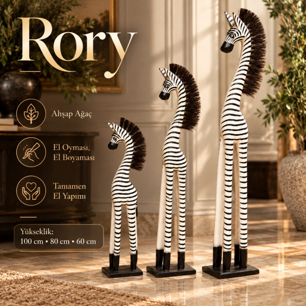 Rory Ahşap El Oyması 3'lü Zebra Biblo Seti Safari Afrika Tarzı Dekoratif Ahşap Heykel 100 cm Zemin