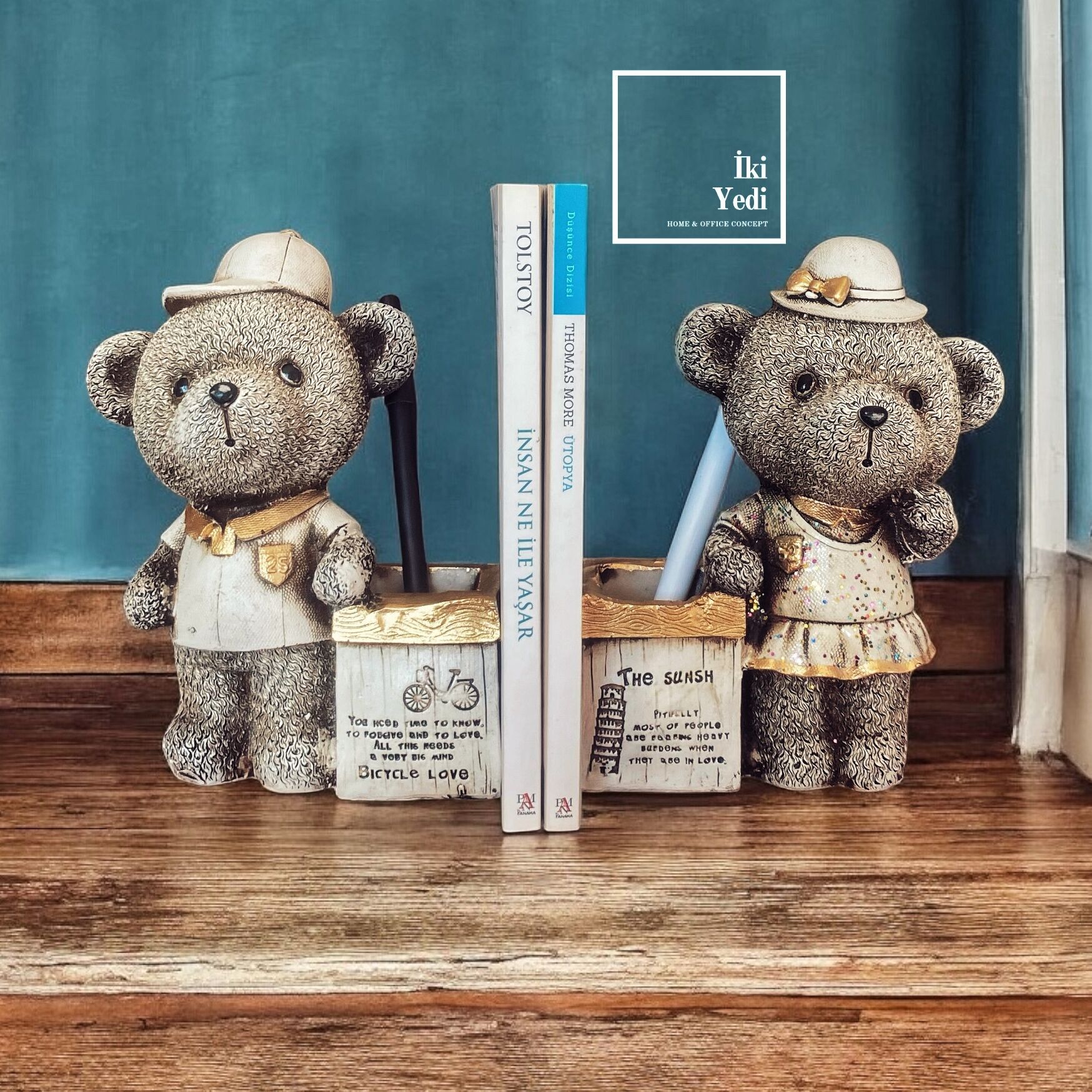 Happy Bears Ayıcık Figürlü Kitap Tutucu ve Kalemlik Seti, 2’li Dekoratif Kitaplık Destek Objesi