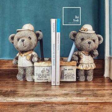 Happy Bears Ayıcık Figürlü Kitap Tutucu ve Kalemlik Seti, 2’li Dekoratif Kitaplık Destek Objesi