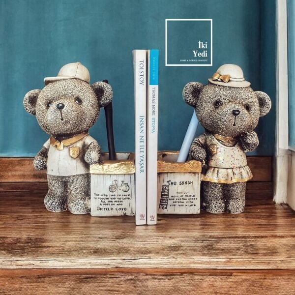 Happy Bears Ayıcık Figürlü Kitap Tutucu ve Kalemlik Seti, 2’li Dekoratif Kitaplık Destek Objesi