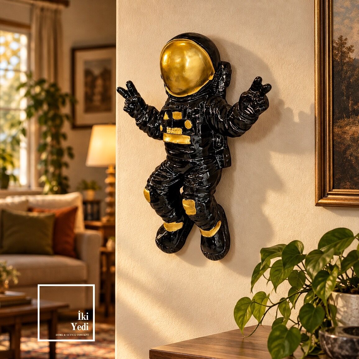 Hobbes Astronot Duvar Dekoru Siyah Gold Modern Uzay Temalı Duvar Objesi Maskot Heykel 45 cm Ev Ofis