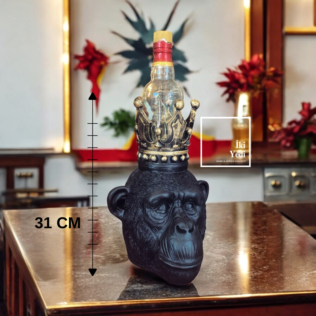 Luke Kral Tacı Tasarımlı Şişe Tutucu Siyah Maymun Figürü 31 cm Dekoratif Obje Ev Ofis Bar Aksesuarı