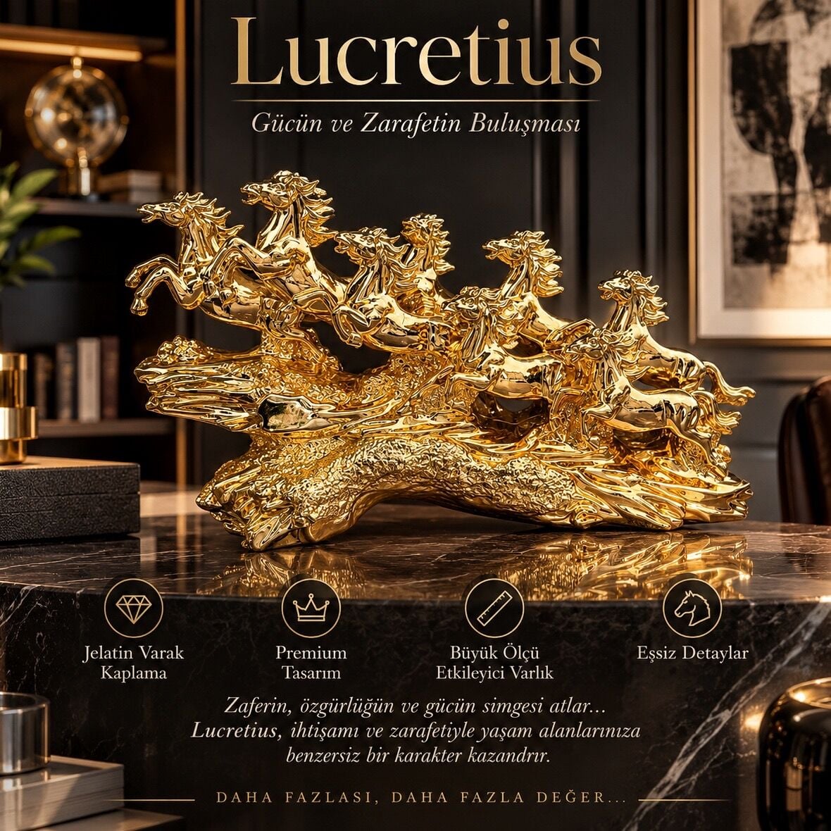 Lucretius 8'li Şahlanan At Sürüsü Lüks Dekoratif Heykel Jelatin Varak Kaplama Lüks Makam Salon Obje