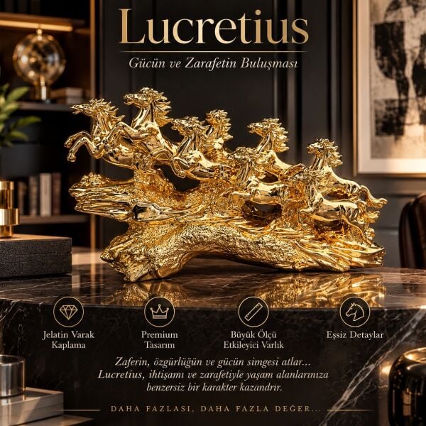 Lucretius 8'li Şahlanan At Sürüsü Lüks Dekoratif Heykel Jelatin Varak Kaplama Lüks Makam Salon Obje