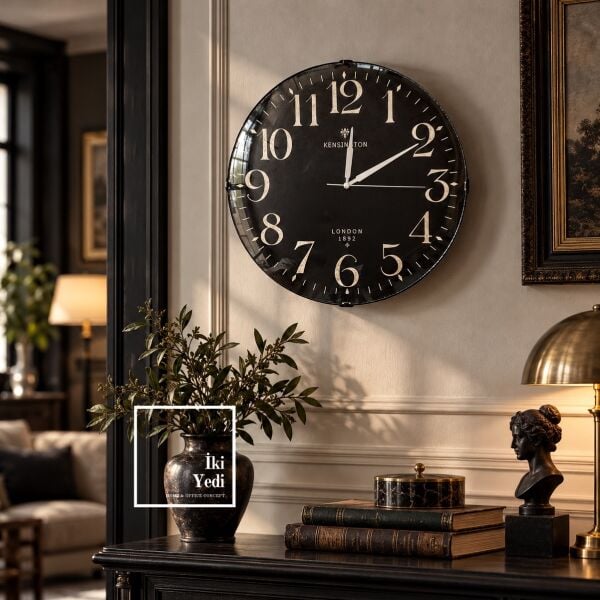 Kensington 35 cm London 1892 Vintage Siyah Duvar Saati Retro Klasik Bombeli Sessiz Akar Mekanizmalı