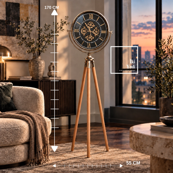 Theon Gold 772 Döner Çarklı Ahşap Tripod Ayaklı Saat Gold Lüks Salon Lambader Saat Ofis Hediyesi