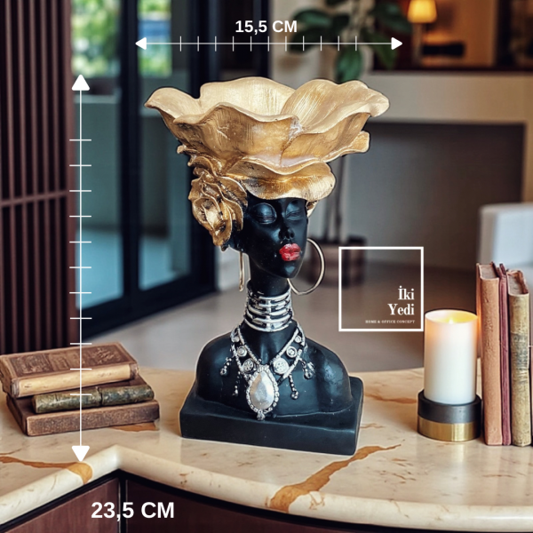 Touhey 77-1 Afrika Kadın Biblosu, Siyah ve Altın Renkli Dekoratif Kase, Takı ve Anahtarlık Standı