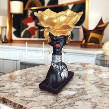 Touhey 77-2 Afrikalı Kadın Büst Biblo Siyah Altın Renk Dekor Obje Takı Anahtar MasaÜstü Süs Kase