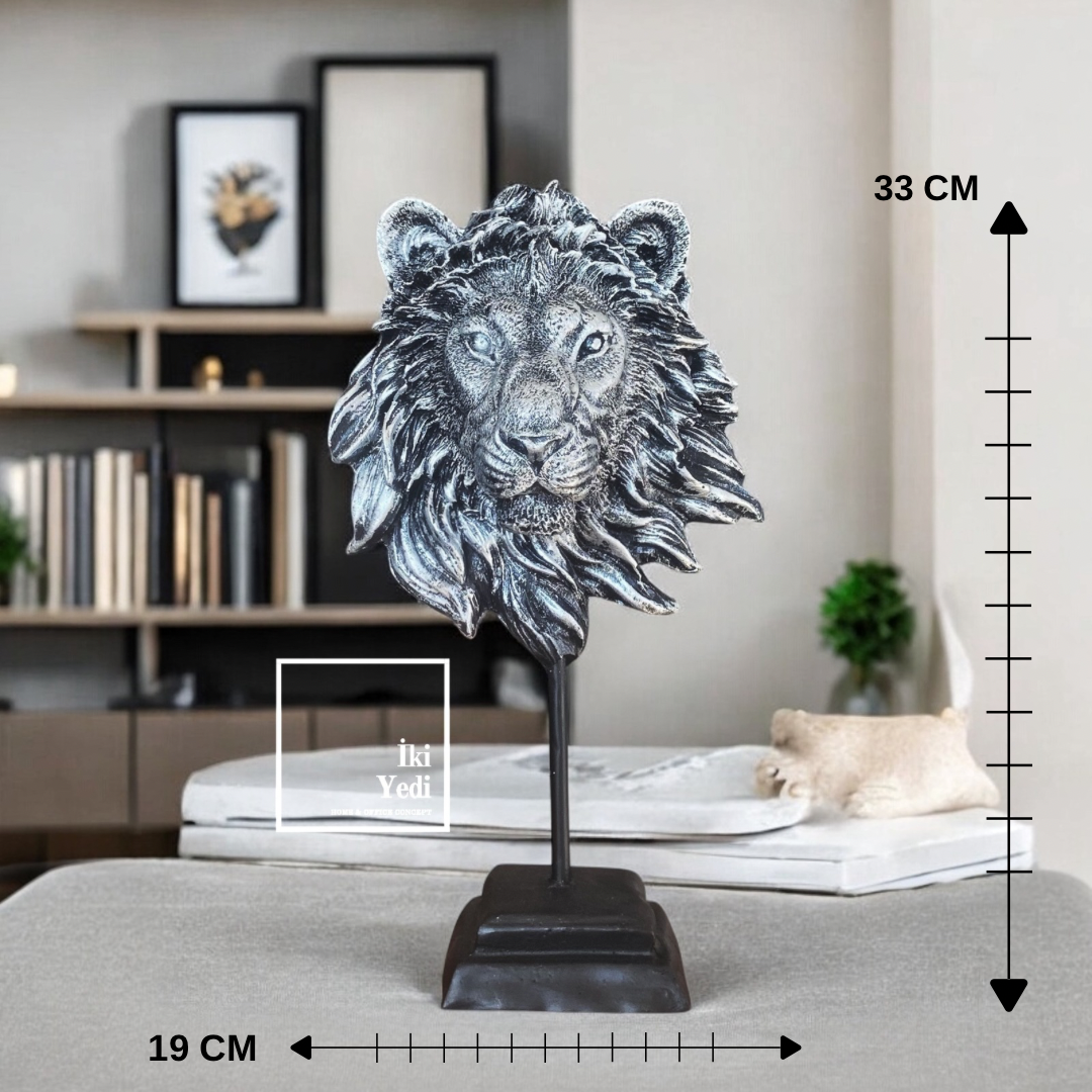 Heitzhe Aslan Kafası Heykeli 33 cm Gri Siyah Biblo Dekoratif Masa Üstü Obje, Ev ve Ofis Aksesuarı