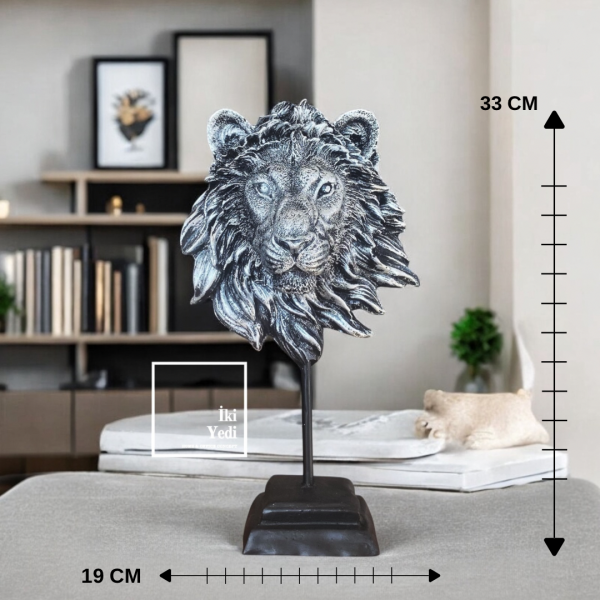 Heitzhe Aslan Kafası Heykeli 33 cm Gri Siyah Biblo Dekoratif Masa Üstü Obje, Ev ve Ofis Aksesuarı