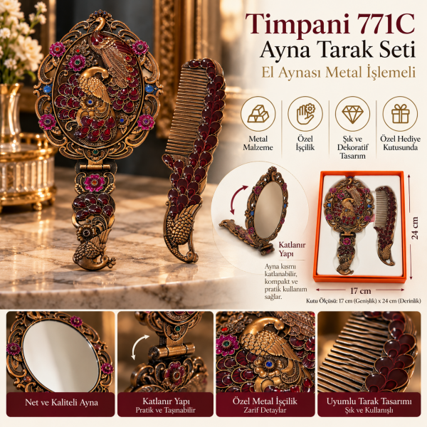 Güzelliğin Taçlı Sırrı Timpani 771C Tavuskuşu Ayna Tarak Seti Metal İşlemeli Çanta Tipi Hediyelik