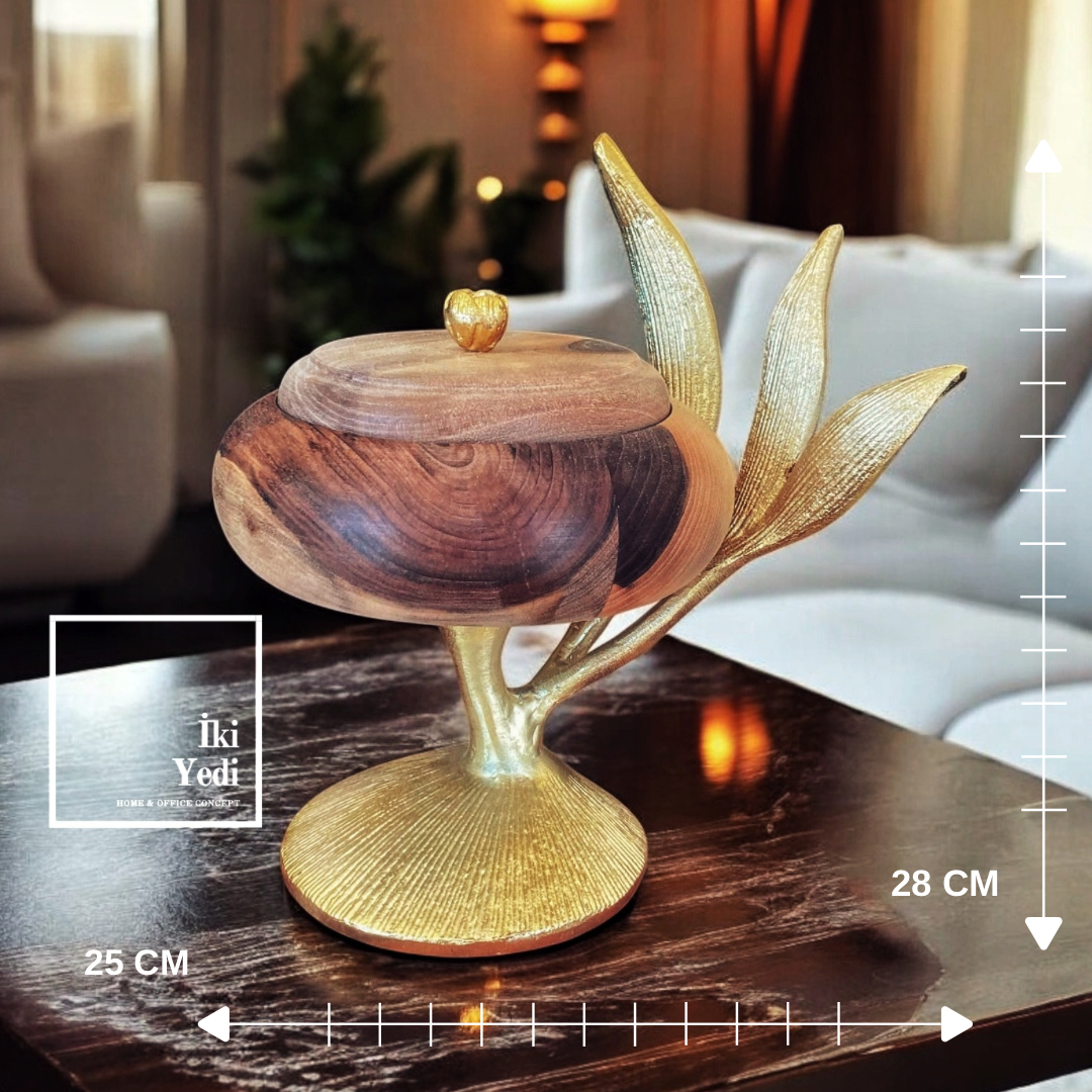 Bowery Altın Yapraklı Ahşap Kapaklı Dekoratif Kase, Lüks Sunum Kutusu, Ev Ofis Masaüstü Aksesuarı