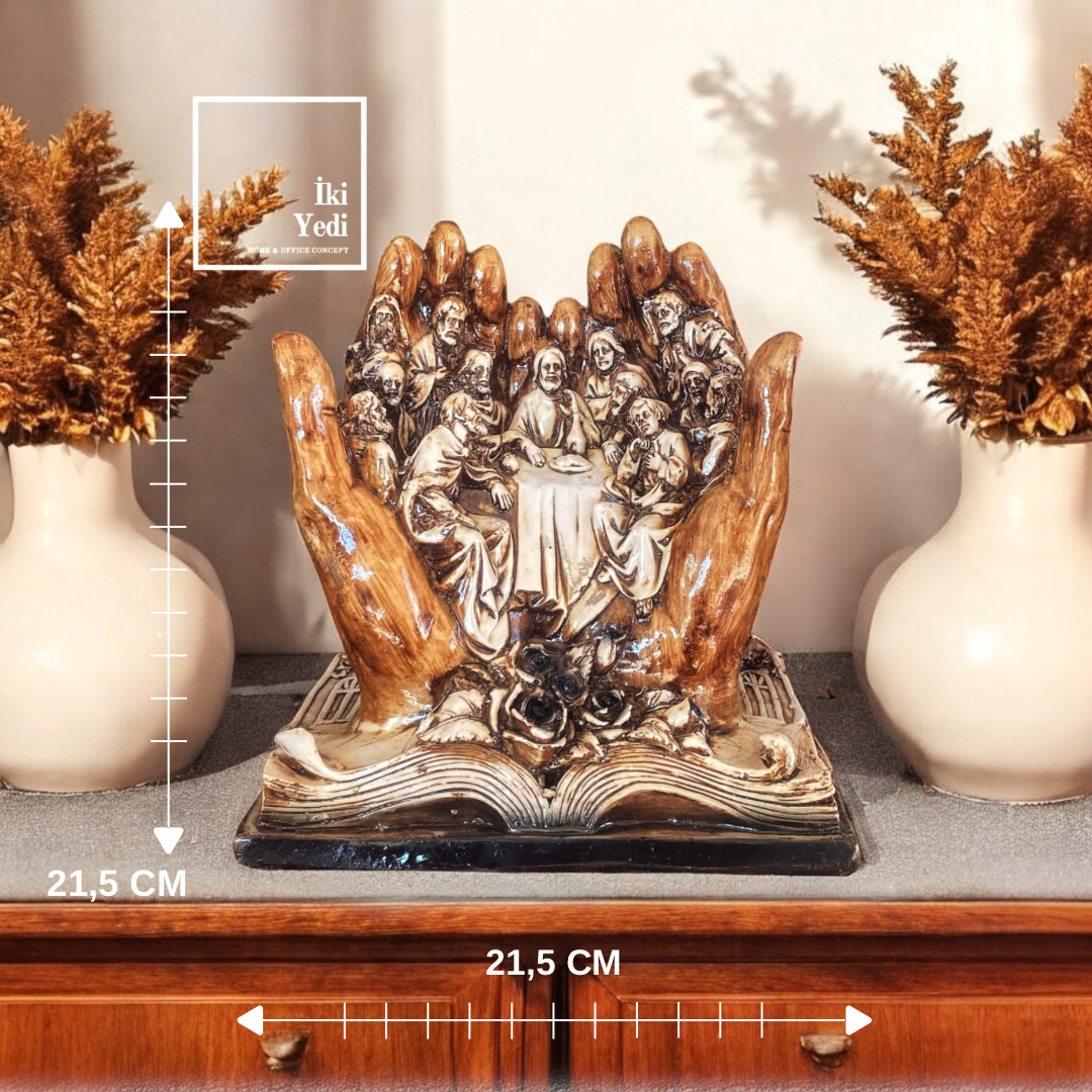 Son Akşam Yemeği Heykeli Dua Eden Eller ve Kitap Figürü Dekoratif Obje Ev Ofis Hristiyanlık Figürü