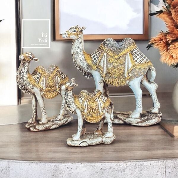 3’lü Deve Biblo Seti, Altın Detaylı Dekoratif Deve Figürleri, Ev Ofis Aksesuar, Hediyelik Objeler