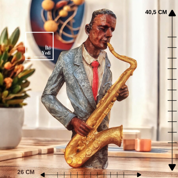 Büyük Saksafon Çalan Caz Müzisyen Heykeli Dekoratif Jazz Figürü Ev ve Ofis Aksesuarı Hediyelik Obje